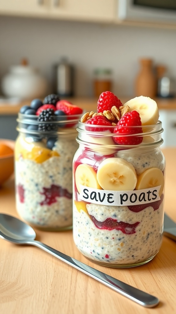 Two jars of overnight oats with berries and bananas on a wooden table.